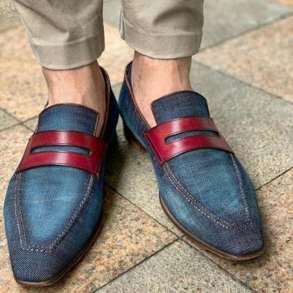 Handmade Pure Leather Bule Jeans Loafer Shoes For..