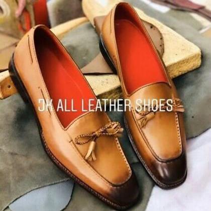 Pure Handmade Tan Shaded Leather Loafer Tie..