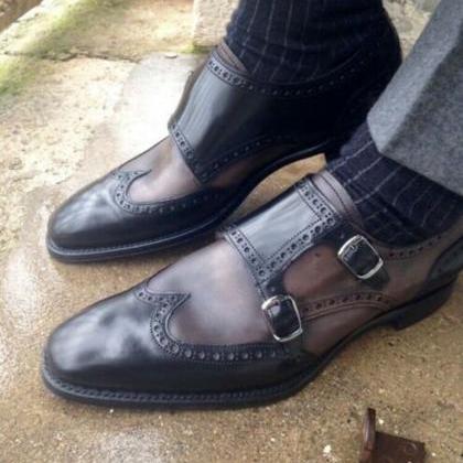 Pure Handmade Gray Shaded Leather Monk Strap Shoes..