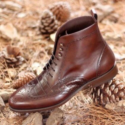 Handmade Pure Brown Crocodile Leather Ankle Boots..