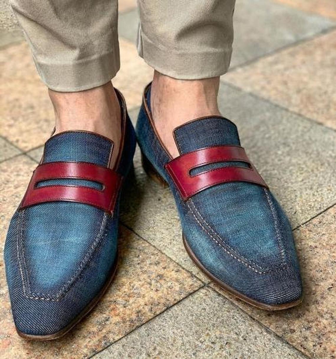 Handmade Pure Leather Bule Jeans Loafer Shoes For Men's