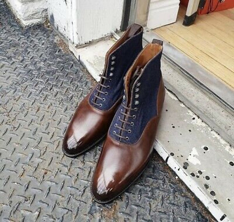 Handmade Blue Jeans & Brown Leather Ankle Boots For Men's |