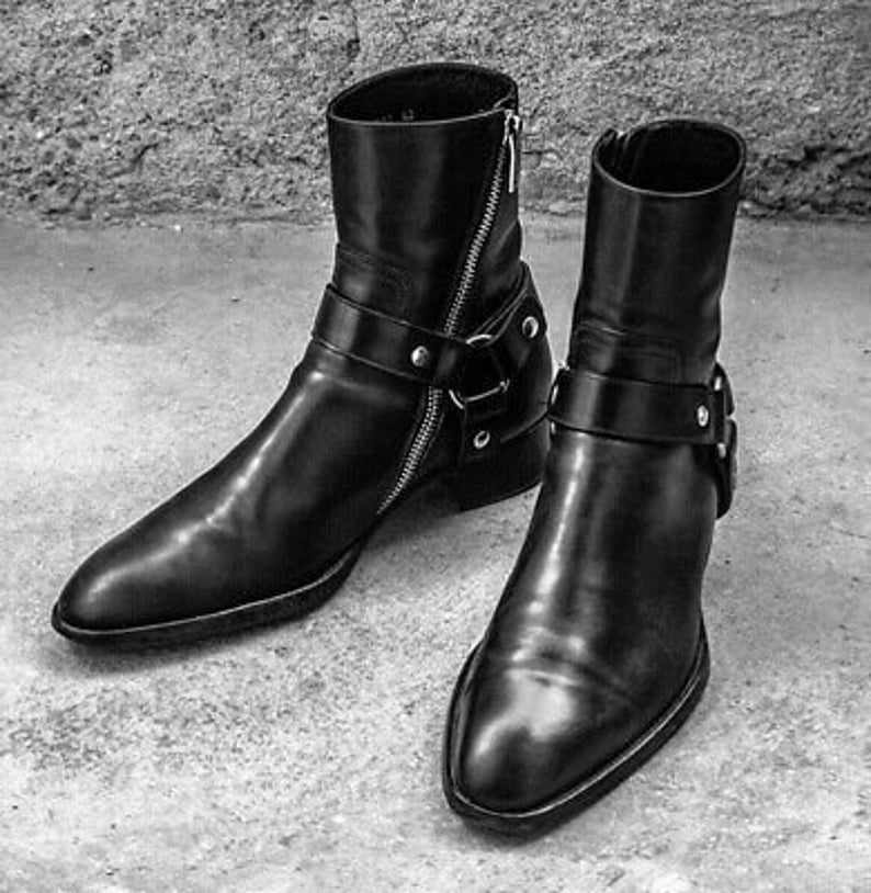 Handmade Black Motorcycle Genuine Leather Zip Fastening Boots For Men's
