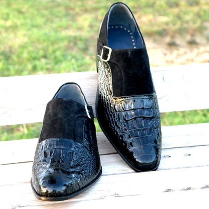 Men Pure Handmade Crocodile Pattern Luxury Designer Strap Shoes For Men's