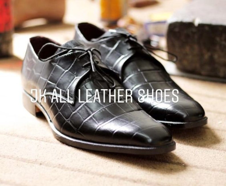 Pure Handmade Black Alligator Leather Lace Up Dress Shoes For Men's