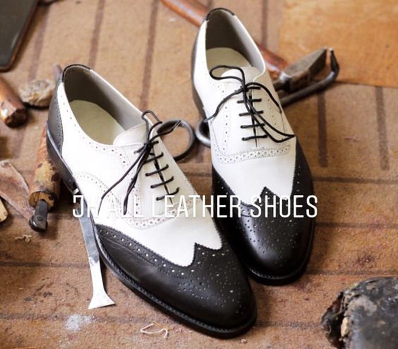 Pure Handmade Black & White Genuine Leather Lace Up Shoes For Men's