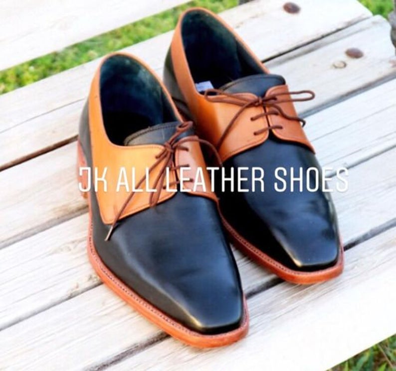 Pure Handmade Tan & Black Leather Dress Shoes For Men's