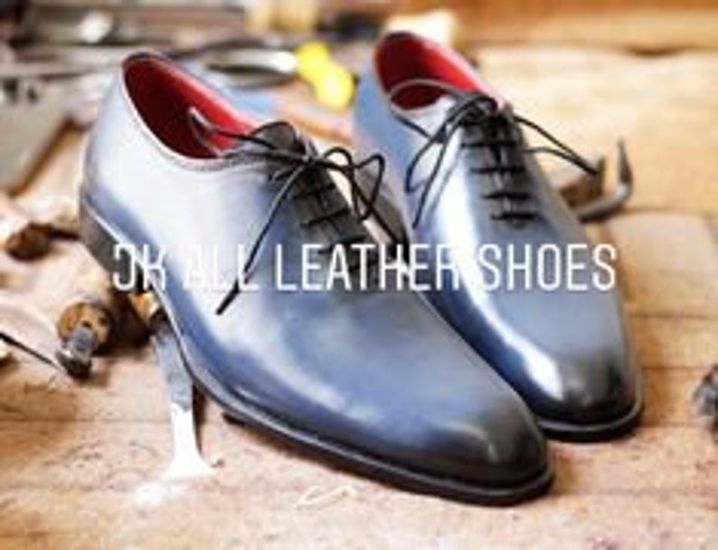 Pure Handmade Blue Shaded Leather Lace Up Dress Shoes For Men's