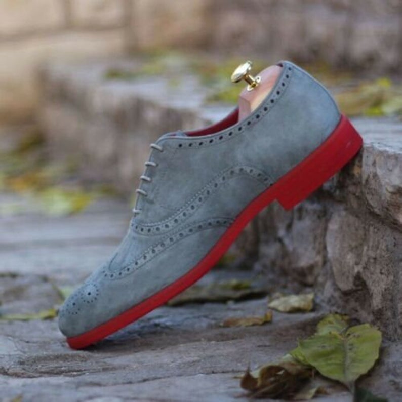 Pure Handmade Suede Leather Light Gray Brogue Shoes For Men's