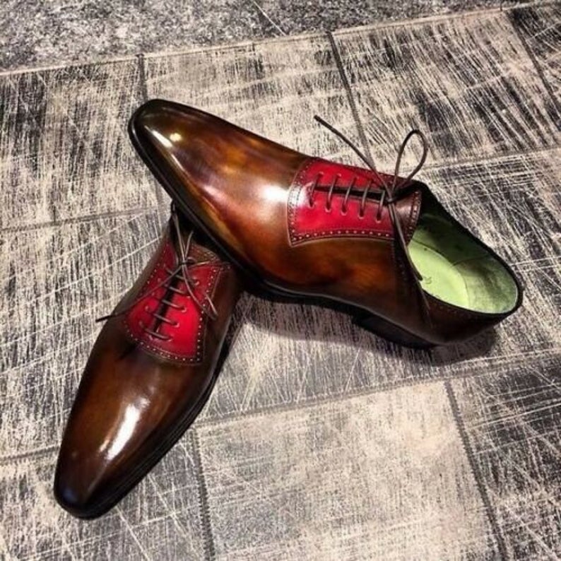 Pure Handmade Dark Tan & Red Leather Dress Shoes For Men's