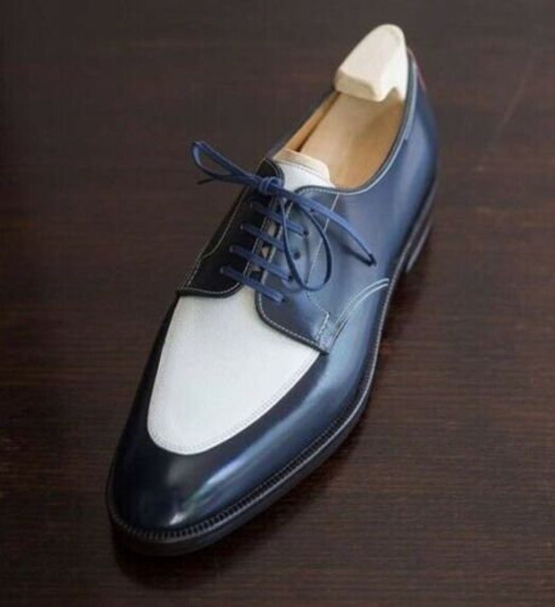Pure Handmade Blue & White Leather Dress Shoes For Men's