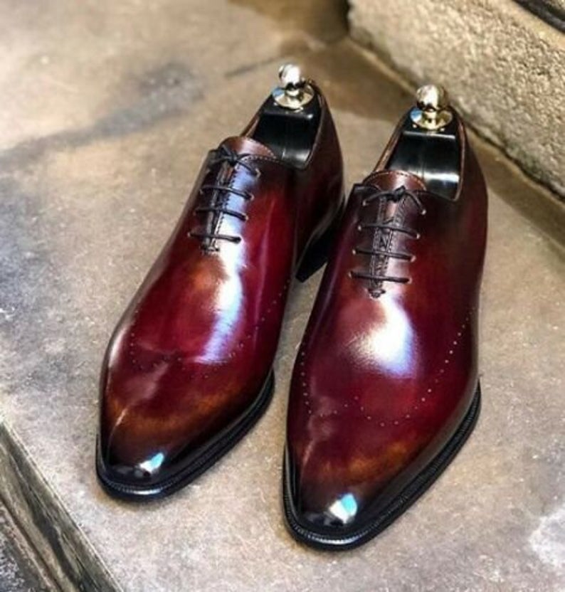 Pure Handmade Burgundy Shaded Leather Dress Shoes For Men's