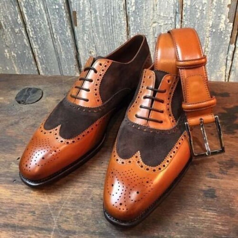 Pure Handmade Tan Shaded & Brown Suede Genuine Leather Lace Up Shoes For Men's