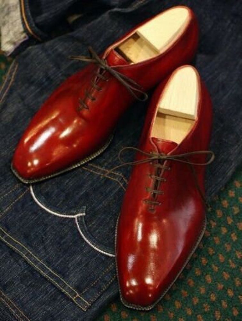 Pure Handmade Maroon Leather Lace Up Dress Shoes For Men's