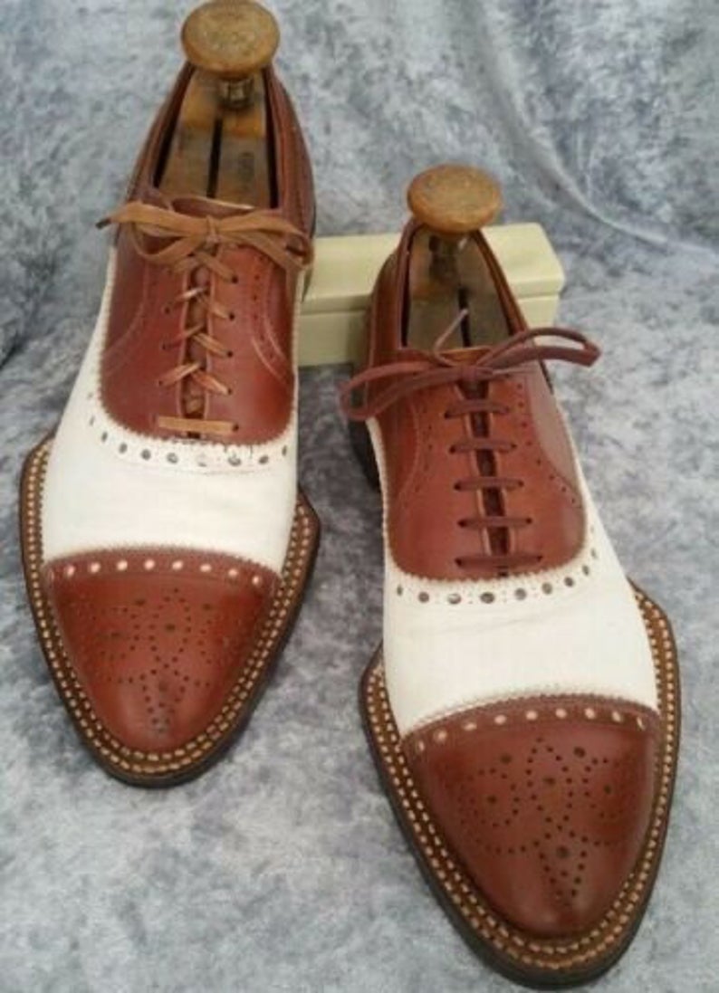 Pure Handmade Dark Tan & White Leather Lace Up Brogue Shoes For Men's