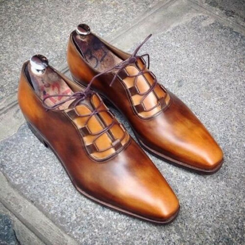 Pure Handmade Tan Shaded Leather Lace Up Dress Shoes For Men's