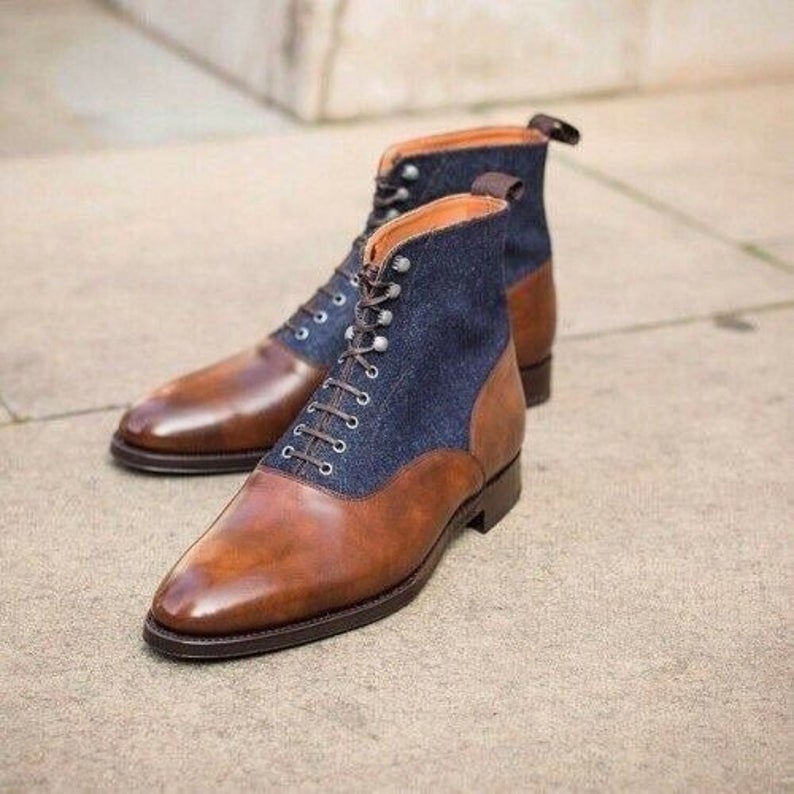 Handmade Blue Jeans & Tan Shaded Leather Ankle Boots For Men's