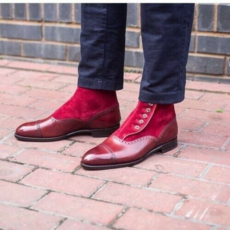 Handmade Pure Red Leather & Suede Button Boots For Men's