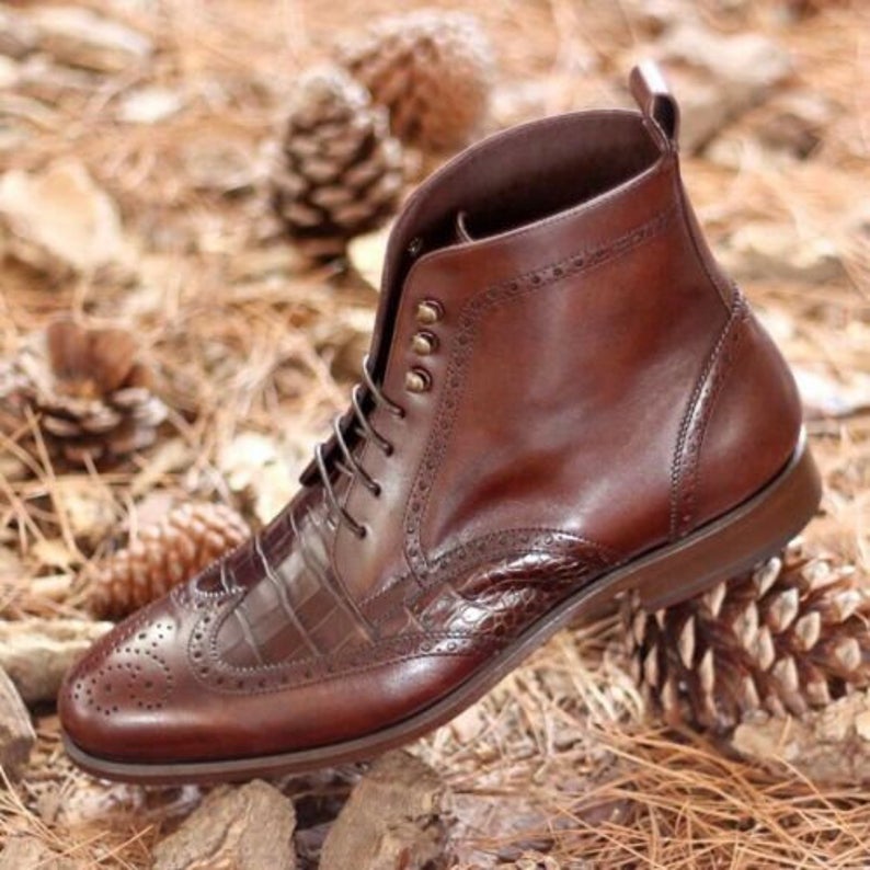 Handmade Pure Brown Crocodile Leather Ankle Boots For Men's
